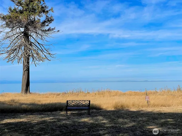 a view of a bench in the middle of a lake