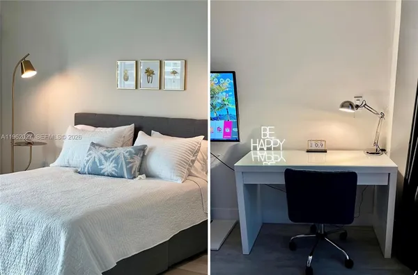 a bedroom with a bed and a table in it