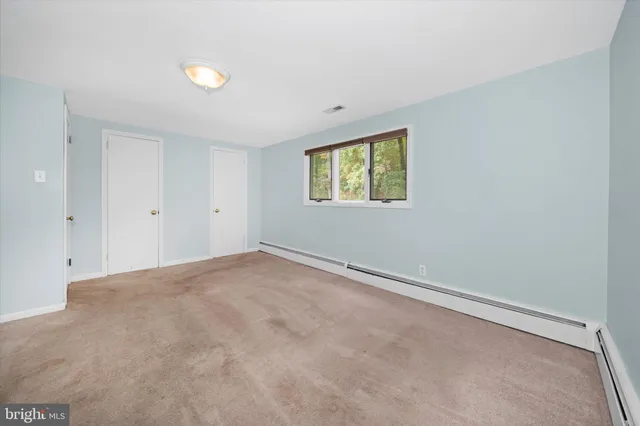 an empty room with windows and closet