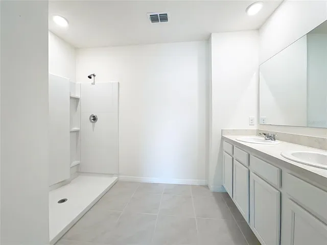 a bathroom with a sink and a shower