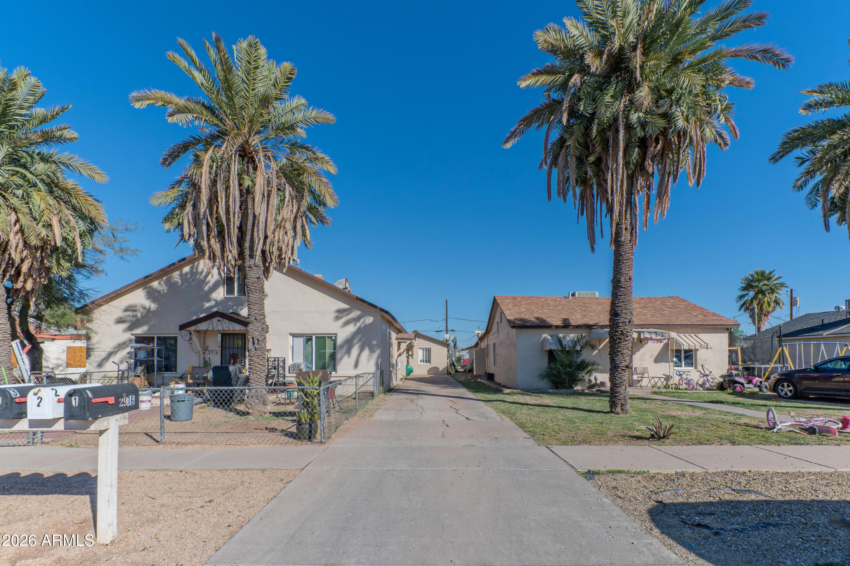 a palm tree sitting in front of a house with a yard