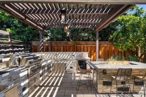 a front view of a house with patio