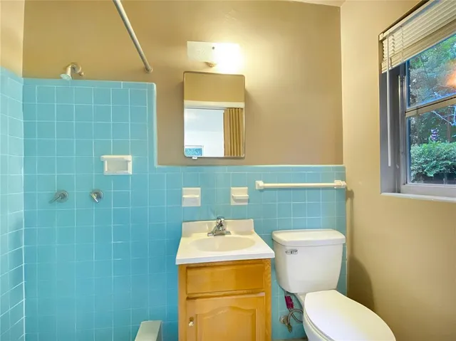 a bathroom with a sink mirror and toilet