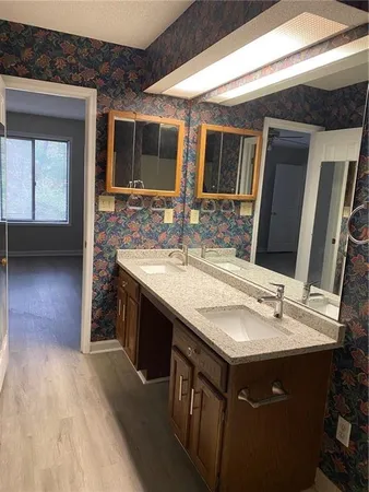 a bathroom with a sink and a mirror