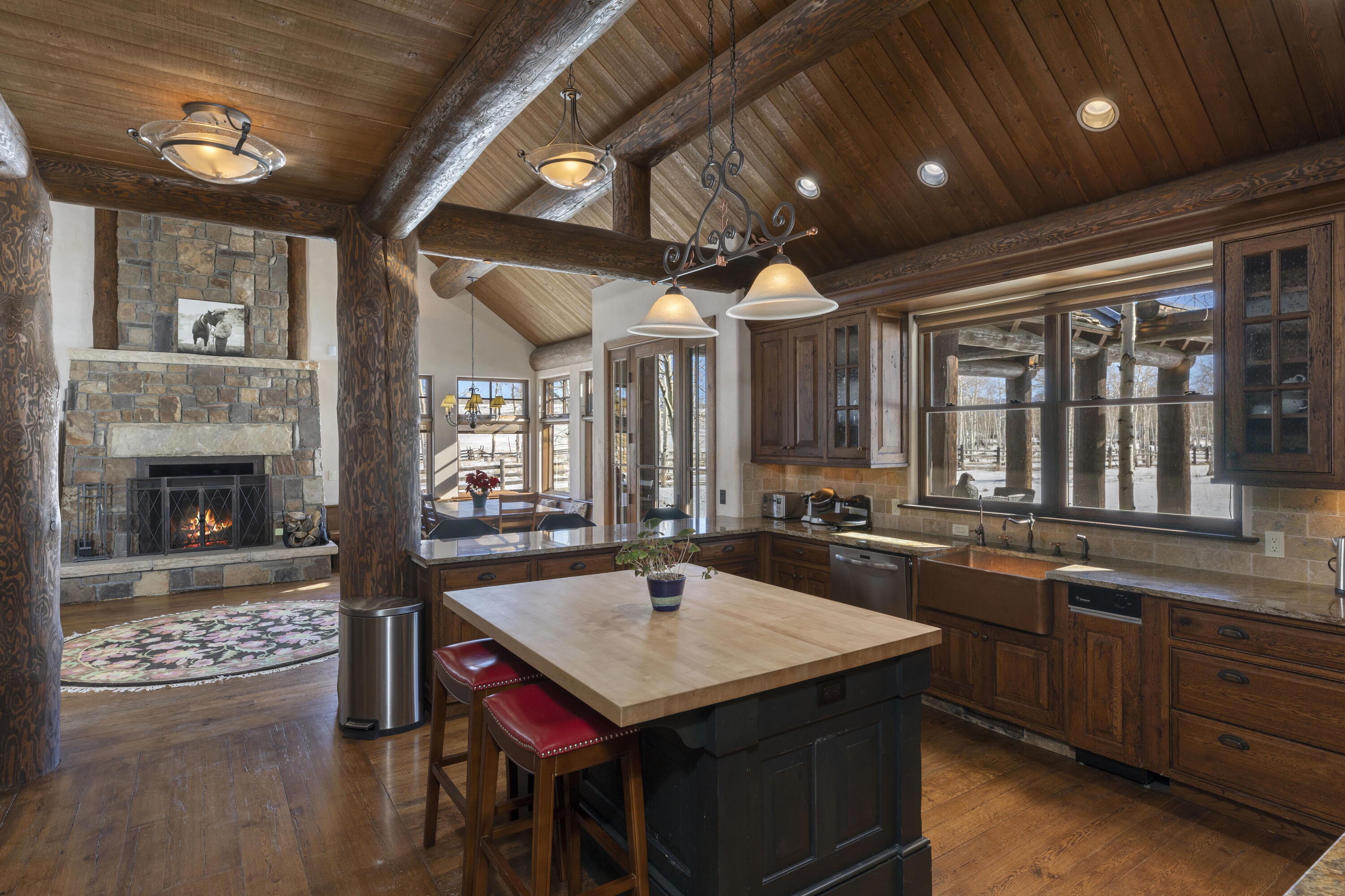 1925 East Anderson Road Placerville, CO 81430 - Photo 6 of 40 a kitchen with a stove a sink dishwasher and a fireplace with wooden floor