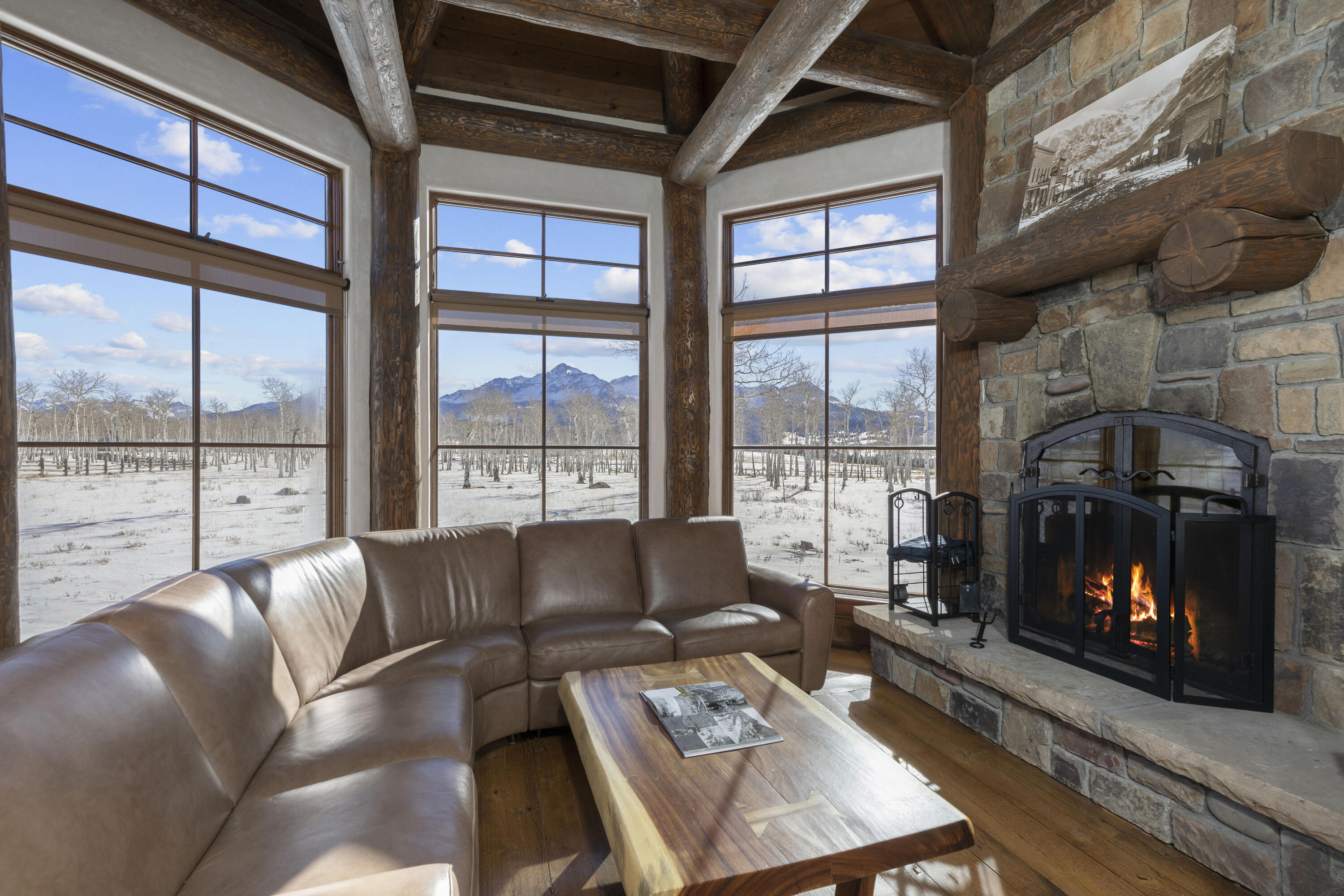 1925 East Anderson Road Placerville, CO 81430 - Photo 9 of 40 a living room with furniture a large window and a fireplace