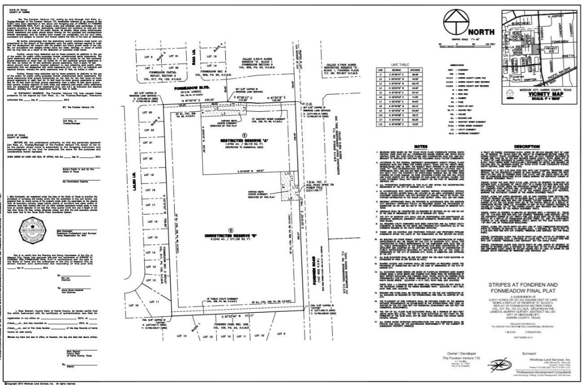12800 Fondren Road Houston, TX 77071 - Photo 2 of 3 This is a detailed plat map for a residential development. It outlines lot boundaries, dimensions, and street layouts. The map includes sections for notes, legal descriptions, and a vicinity map for location context. Ideal for understanding property layout and planning.