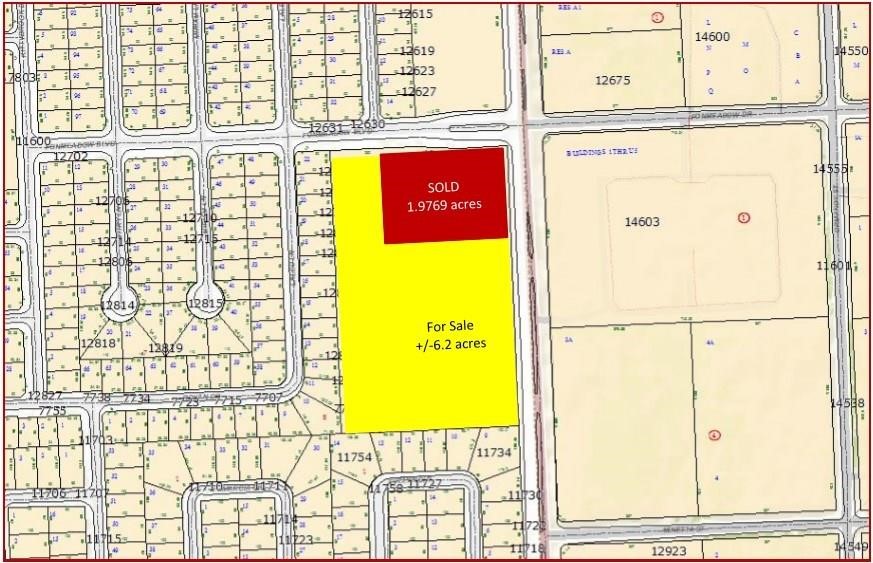 12800 Fondren Road Houston, TX 77071 - Photo 3 of 3 This map highlights a property area for sale, marked in yellow, approximately 6.2 acres. Adjacent to it is a sold section in red, about 1.9769 acres. The location is surrounded by residential plots, indicating a developed neighborhood.