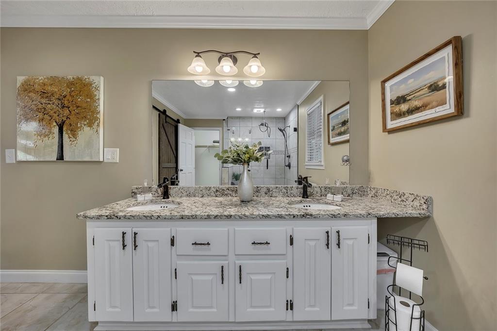399 Smith Road Ball Ground, GA 30107 - Photo 27 of 63 a bathroom with a granite countertop sink and a mirror