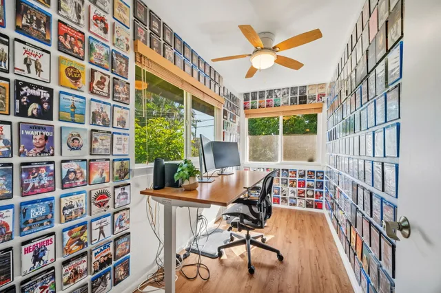 a workspace with furniture and rug