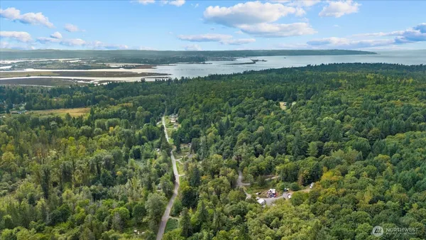 a view of a field with an ocean view