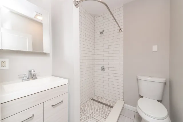 a bathroom with a sink a toilet and shower