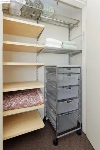 a storage room with cabinets