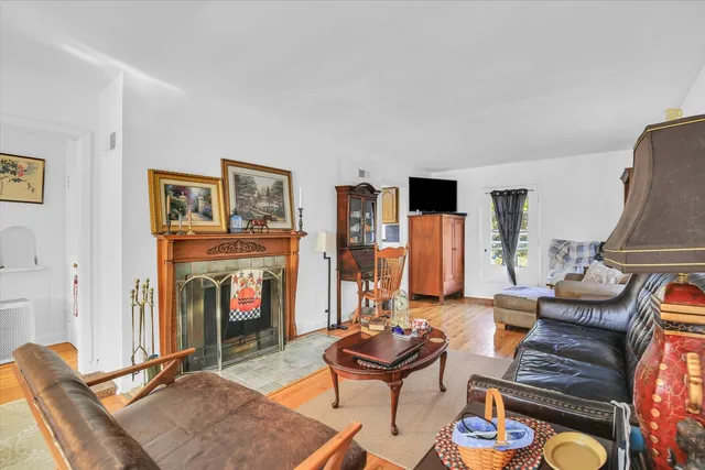 a living room with furniture fireplace and rug