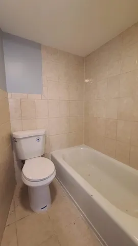a white toilet sitting next to a bath tub