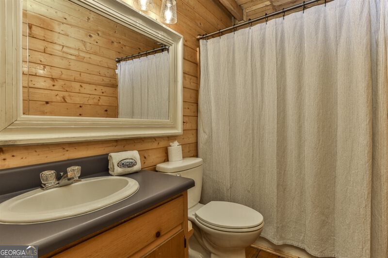 420 Olivers Trail Cherry Log, GA 30522 - Photo 9 of 27 a bathroom with a sink a toilet and shower curtain