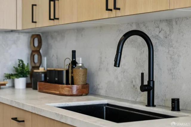 a kitchen with a sink and a potted plant