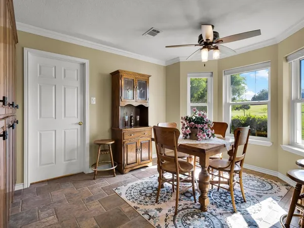 a view of a dining room with furniture window and outside view