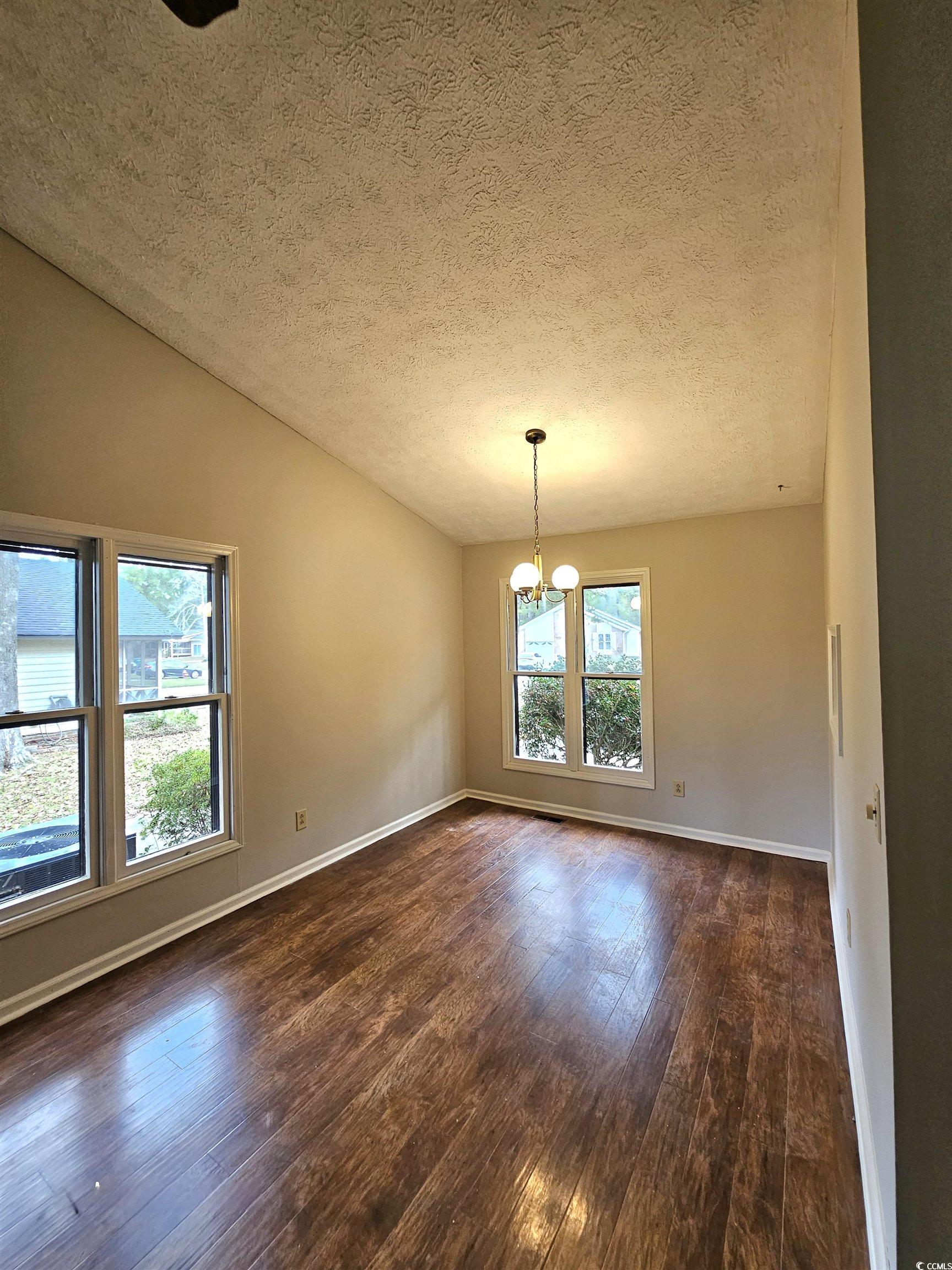 117 Partridge Berry Road Myrtle Beach, SC 29579 - Photo 19 of 33 Empty room featuring a textured ceiling, dark wood-style floors, a chandelier, and vaulted ceiling
