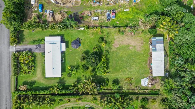 an aerial view of a residential houses with outdoor space and trees