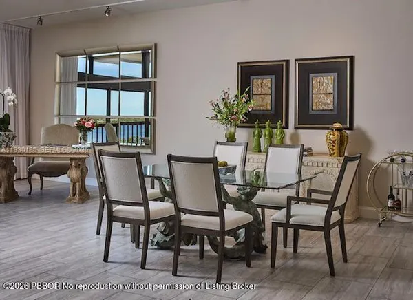 a view of a dining room with furniture