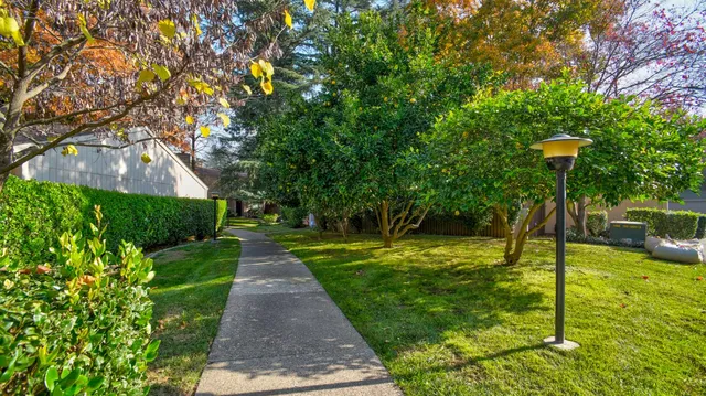 a view of a backyard with swimming pool