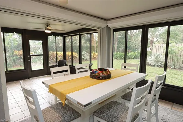 a view of a dining room with furniture large windows and wooden floor