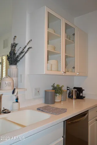 a kitchen with a sink and cabinets
