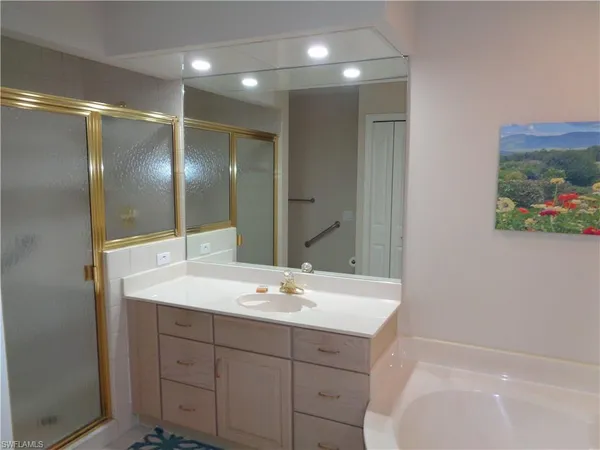 a bathroom with a sink mirror and a shower
