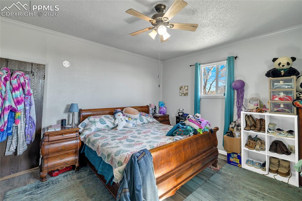 68300 Highway 50 Fowler, CO 81039 - Photo 19 of 49 Bedroom with a textured ceiling, ceiling fan, and crown molding
