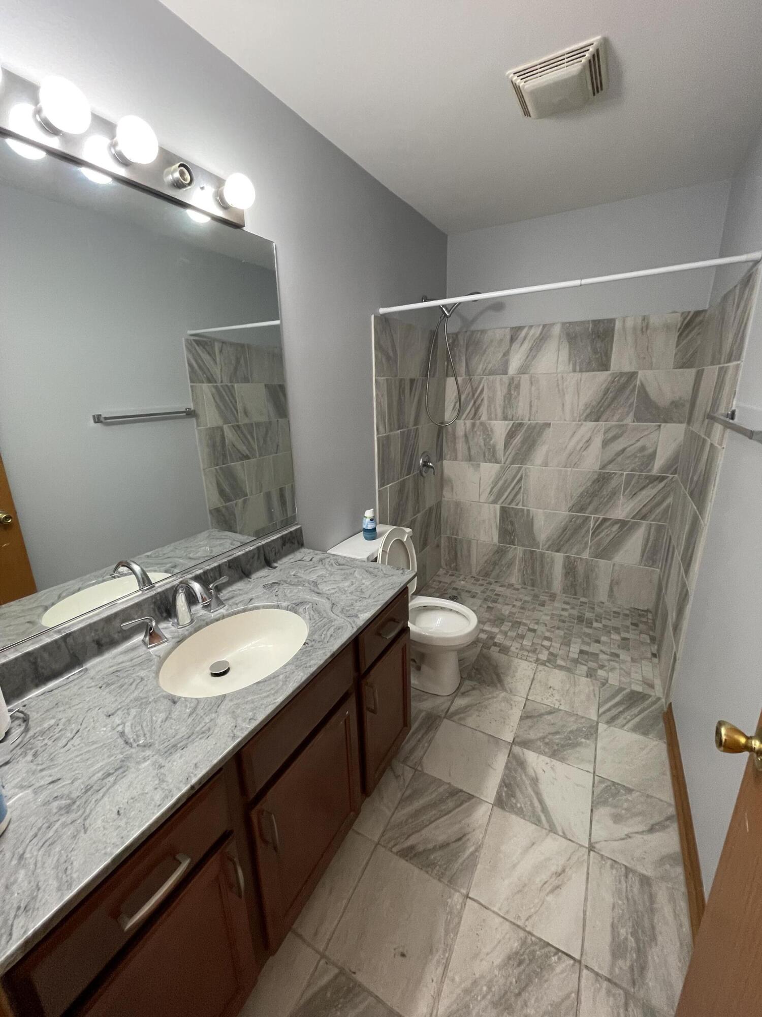 1738 Beech Drive Crown Point, IN 46307 - Photo 12 of 16 a bathroom with a granite countertop sink a toilet a mirror and shower