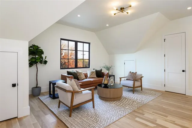 a living room with furniture and a potted plant