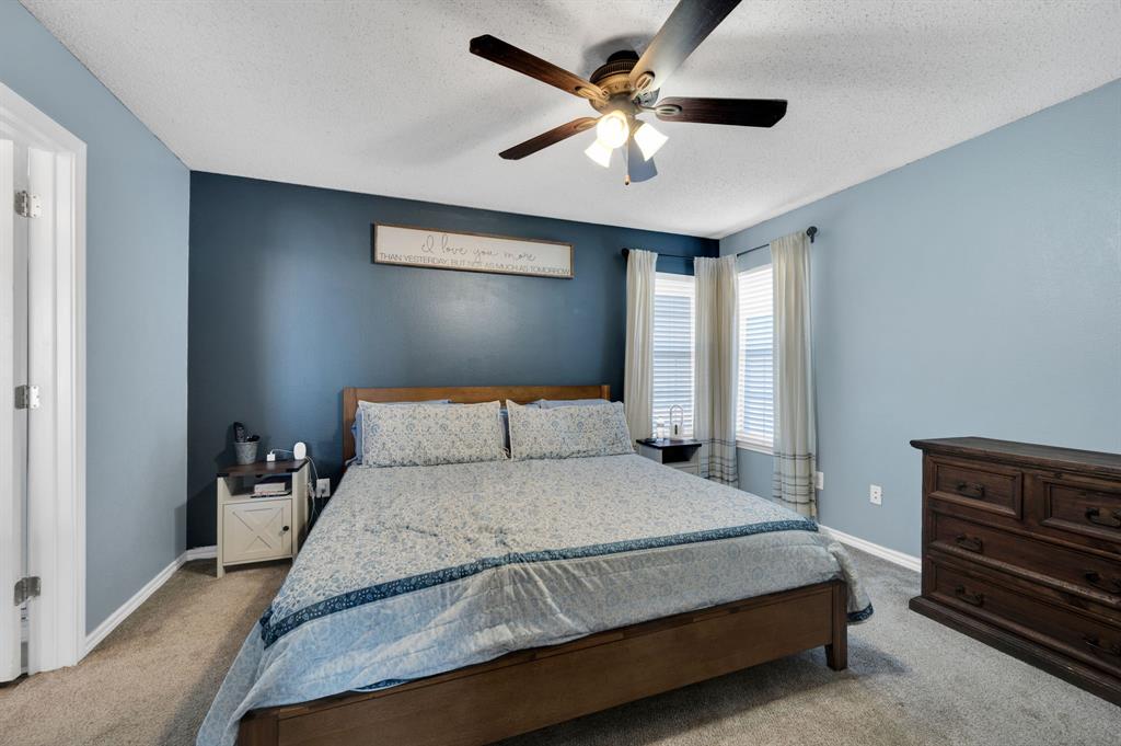 1003 Short Line Boulevard Midlothian, TX 76065 - Photo 22 of 25 Carpeted bedroom with a ceiling fan and a textured ceiling