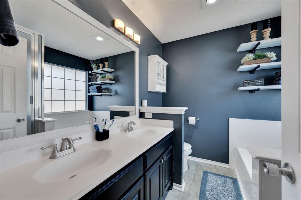 1003 Short Line Boulevard Midlothian, TX 76065 - Photo 25 of 25 Bathroom with a bath, double vanity, a shower stall, and recessed lighting