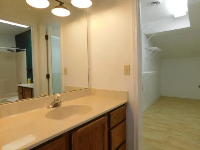 a bathroom with a sink and a mirror