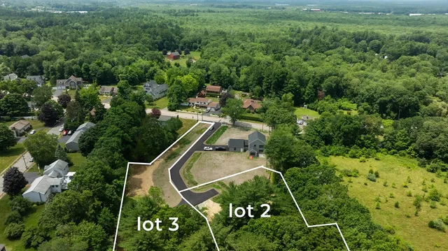 an aerial view of residential houses with outdoor space and trees