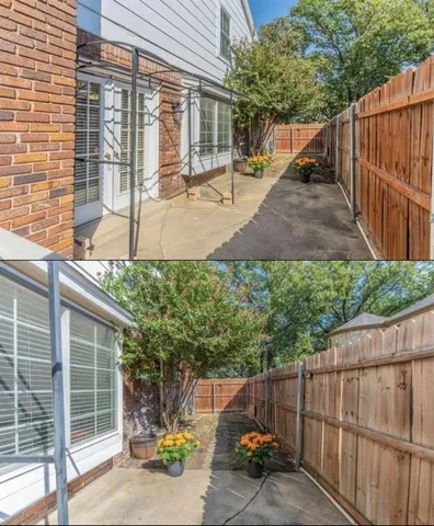 a picture of a room with a bench and potted plants