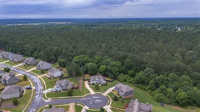 a aerial view of a house with yard and green space