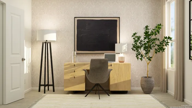 a living room with furniture and a potted plant