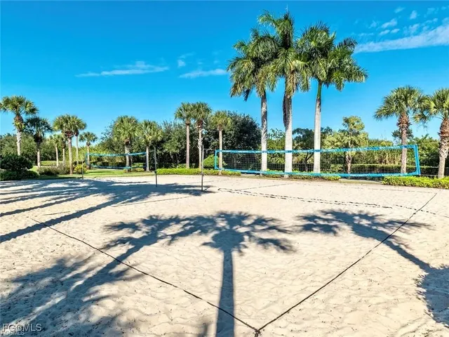 a view of a swimming pool with a yard and palm trees
