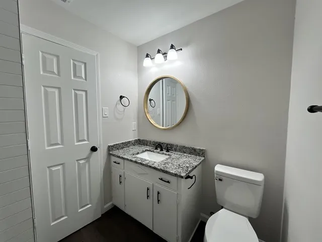 a bathroom with a toilet sink vanity and mirror