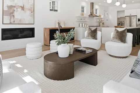 a living room with furniture and a potted plant