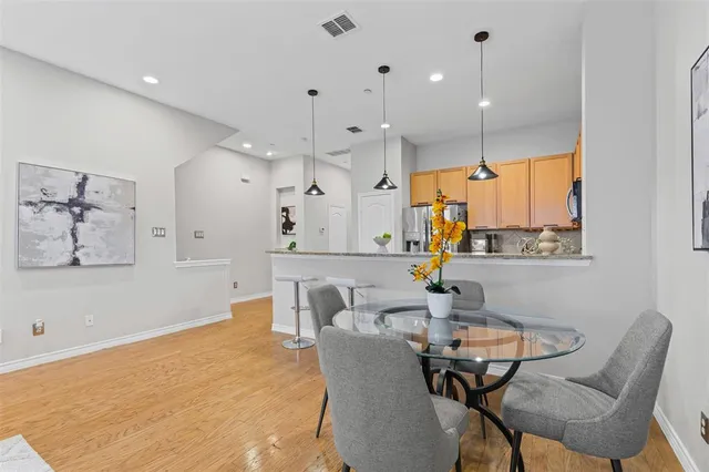 a view of a dining room with furniture