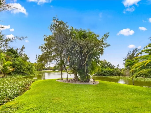 a view of yard with green space and trees in the background