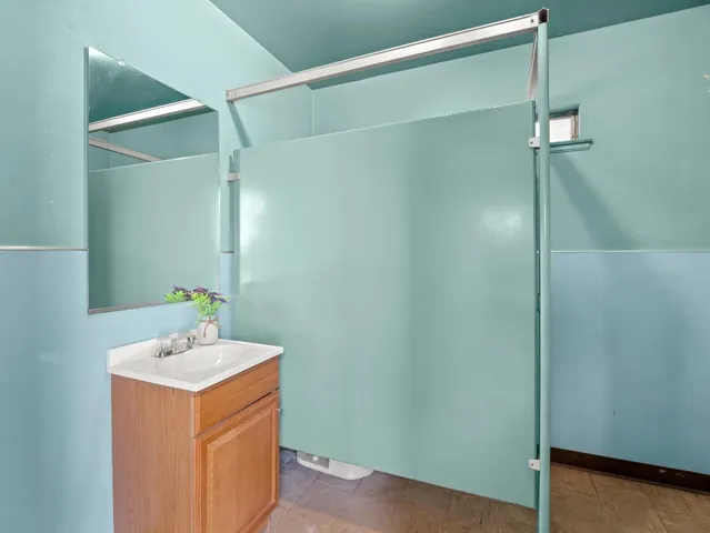 a bathroom with a sink a mirror and a shower