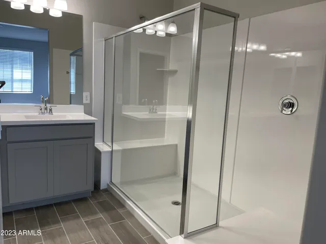 a bathroom with a shower sink and mirror