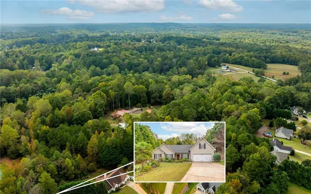 an aerial view of residential houses with outdoor space and trees