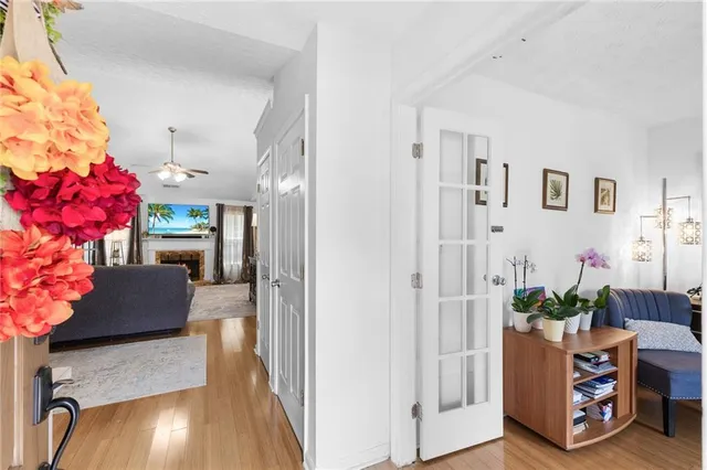 a living room with furniture and a potted plant
