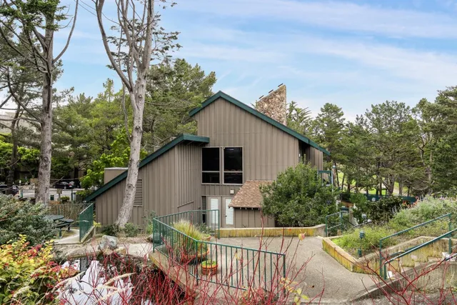 a backyard of a house with large trees and outdoor seating