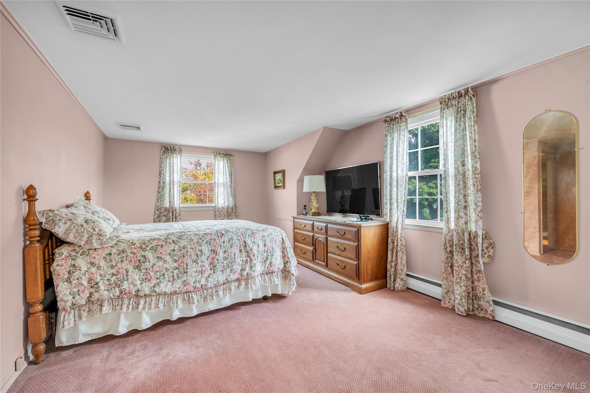 21 Farragut Road Old Bethpage, NY 11804 - Photo 15 of 22 Bedroom featuring light colored carpet, multiple windows, and baseboard heating